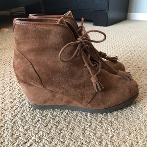 Suede wedge booties with tassel ties